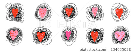 Red and pink vector hearts with black tangled lines, threads, fun abstract graphic design elements 134635038