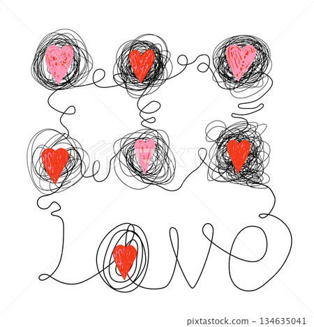 Valentine's Day vector greeting card with text Love and doodle hearts on tangled black lines, poster, banner 134635041