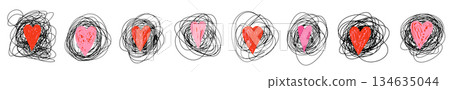 Vector scribbles, tangled black shapes with hearts, concept symbol for emotions, feelings, psychology and therapy 134635044
