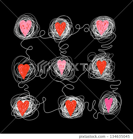 Valentine's Day vector greeting card or poster with modern red and pink doodle cards and white tangled lines Valentine's Day vector greeting card or poster with modern red and pink doodle cards and white tangled lines 134635045