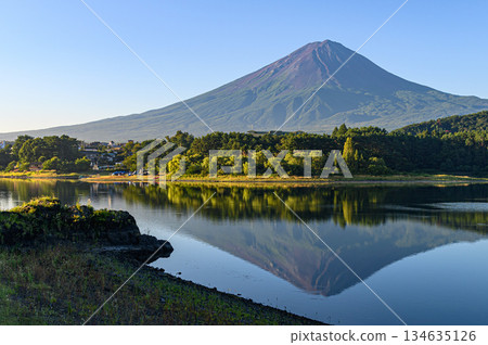 山梨縣河口湖夏季倒映著富士山的倒影 山梨縣河口湖夏季倒映著富士山的倒影 134635126