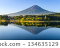 Inverted Fuji reflected in Lake Kawaguchi in summer, Yamanashi Prefecture 134635129
