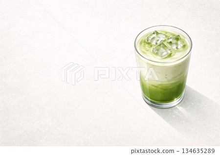 A clean illustration of a matcha latte with ice placed on a stone background 134635289