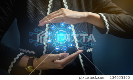 Human hands protecting AI and digital technology hologram Human hands protecting AI and digital technology hologram 134635360