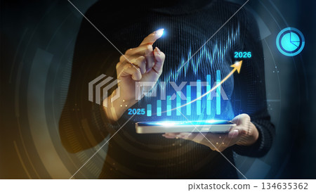 Business growth and financial forecast for 2026 on smartphone hologram Business growth and financial forecast for 2026 on smartphone hologram 134635362