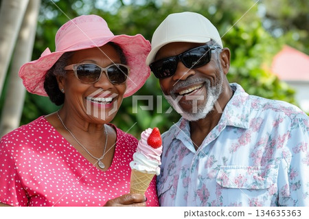 A joyful middle-aged couple enjoys strawberry ice cream together on a sunny day 134635363