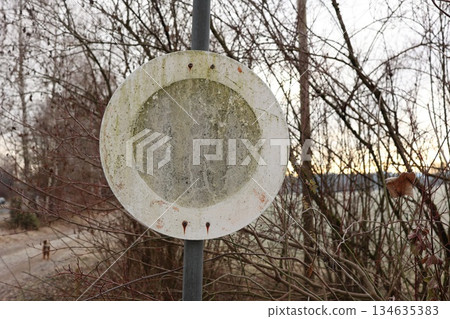 Old Weathered Blank Round Road Sign Old Weathered Blank Round Road Sign 134635383
