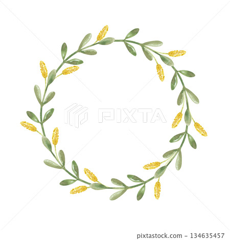 A round frame of green branches with leaves and yellow spikes of dry grass on an isolated background. Watercolor illustration of a wreath of thin branches of grass in natural colors. A botanical A round frame of green branches with leaves and yellow spikes of dry grass on an isolated background. Watercolor illustration of a wreath of thin branches of grass in natural colors. A botanical 134635457