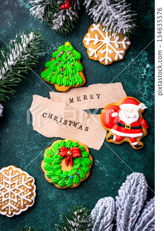 Homemade Christmas gingerbread cookies with Icing 134635576