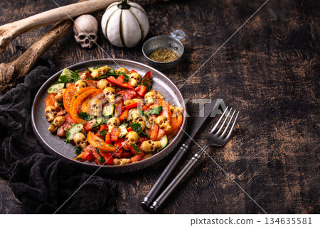 Halloween salad with cheese in shape of skull Halloween salad with cheese in shape of skull 134635581