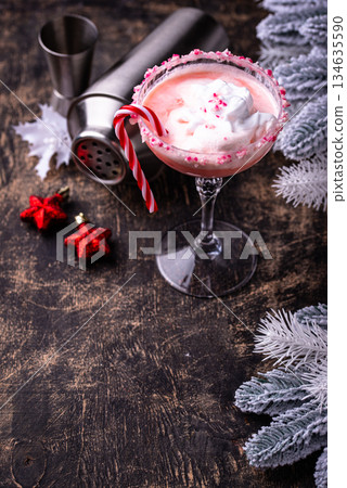 Christmas drink pink peppermint martini 134635590