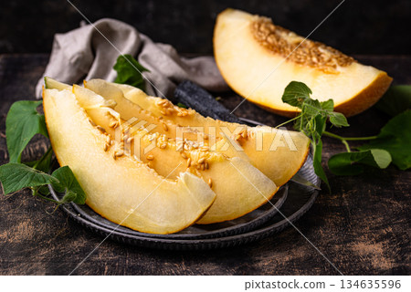 Fresh sweet ripe juicy sliced melon 134635596