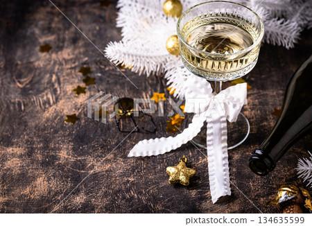 Champagne glass, traditional New year drink 134635599