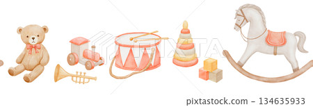 Seamless border with baby rocking horse, vintage bear and drum, hand drawn watercolor illustrations 134635933