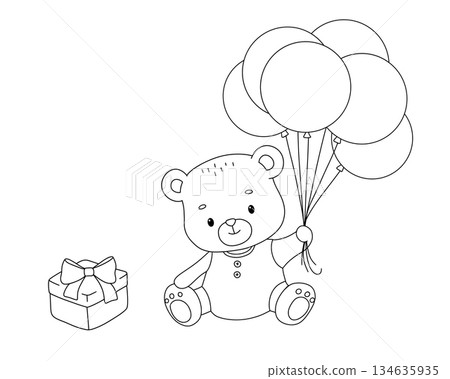 Cute teddy bear with balloons and gift box, hand drawn childish line illustration isolated on white background for coloring book for children 134635935