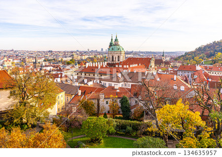 Autumn in Praha. Red orange old tile roofs architecture in Prague Czech Republic Old house building top view 134635957