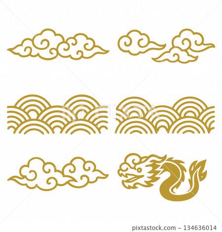 Golden cloud wave pattern dragon head decorative with calm mood Golden cloud wave pattern dragon head decorative with calm mood 134636014