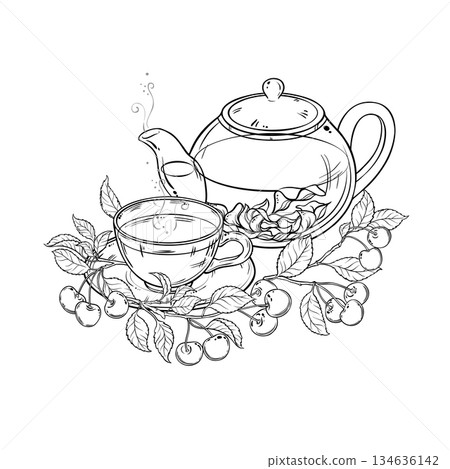Cherry Tea in Teapot Outline Illustration. 134636142