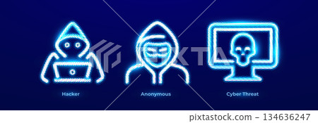Hacker Attack Data Breach Malware Ransomware Dark Web Icons Set. Anonymous Mask Privacy Resistance Protest Operation Neon Logo. Cyber Threat Risk Alert Pics for Digital Business. Vector Illustration 134636247