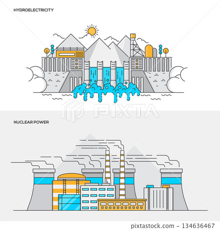 Flat line color concept- Hyidroelectric and Nuclear plant 134636467