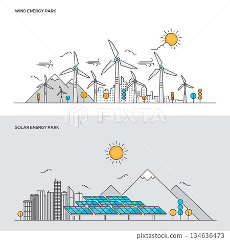 Flat line color concept- Wind and Solar energy park Flat line color concept- Wind and Solar energy park 134636473