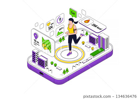 Modern Isometric Illustration design - Fitness App 134636476