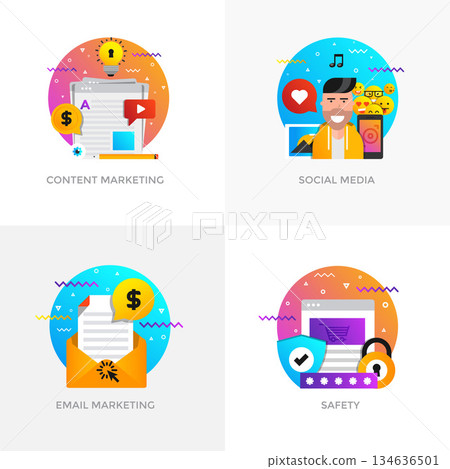 Flat Designed Concepts - Content marketing, Social media, Email marketing and Safety Flat Designed Concepts - Content marketing, Social media, Email marketing and Safety 134636501