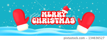 Merry Christmas horizontal banner and flyer vector design with cute kids warm red mittens on snowy hills landscape background and greeting text. Vector merry Christmas cartoon banner with gloves 134636527