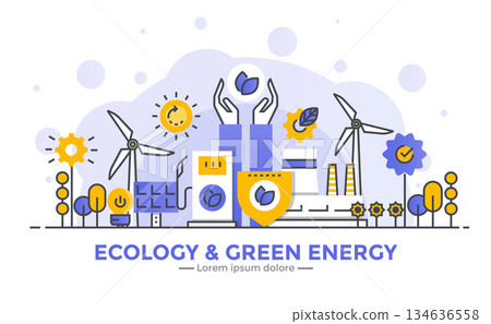Flat Line Modern Concept Illustration - Ecology and Green Energy Flat Line Modern Concept Illustration - Ecology and Green Energy 134636558