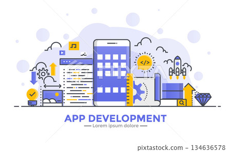 Flat Line gradient Modern Concept Illustration - App development Flat Line gradient Modern Concept Illustration - App development 134636578