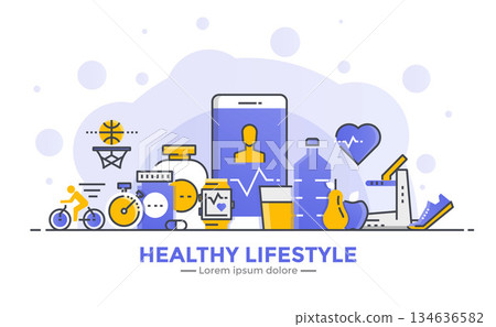 Flat Line Modern Concept Illustration - Healthy lifestyle Flat Line Modern Concept Illustration - Healthy lifestyle 134636582