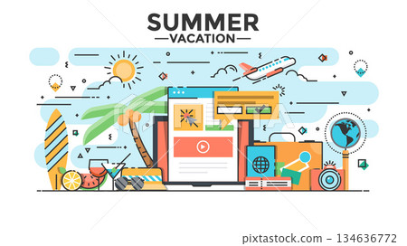 Flat Line Design Hero Image - Summer Vacation concept 134636772
