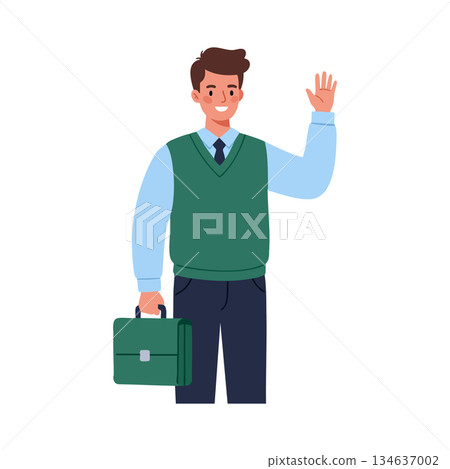 Young businessman waving hand holding briefcase vector illustration in casual professional attire Young businessman waving hand holding briefcase vector illustration in casual professional attire 134637002