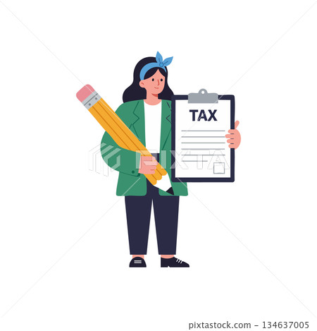 Woman holding tax document and giant pencil for tax filing concept vector illustration Woman holding tax document and giant pencil for tax filing concept vector illustration 134637005