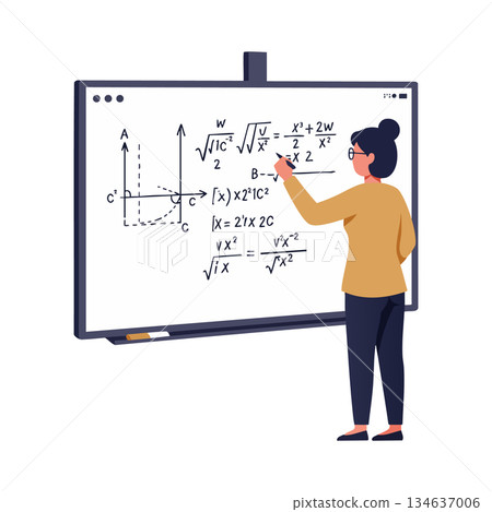 Woman solving mathematical formulas on whiteboard vector illustration with black hair and glasses 134637006