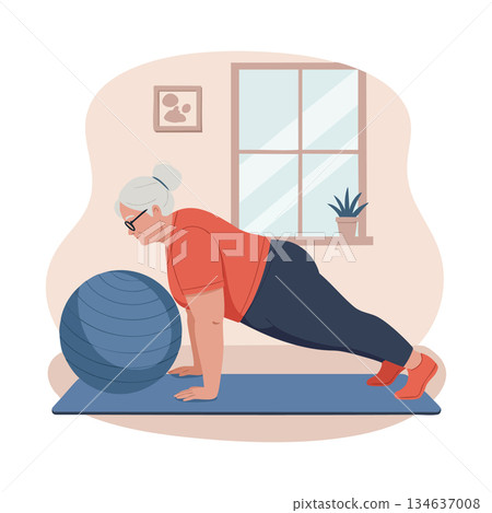 Senior woman exercising with fitness ball indoors for healthy lifestyle and wellness Senior woman exercising with fitness ball indoors for healthy lifestyle and wellness 134637008
