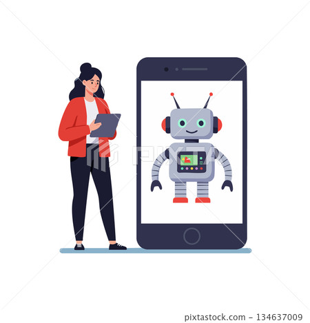 Woman interacting with robot on mobile phone screen technology concept illustration 134637009