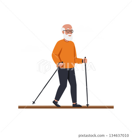 Elderly man walking with trekking poles in casual orange sweater and black pants vector illustration Elderly man walking with trekking poles in casual orange sweater and black pants vector illustration 134637010