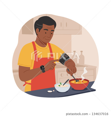 Man Wearing Smartwatch Cooking Breakfast in Kitchen with Orange Apron Vector Illustration Man Wearing Smartwatch Cooking Breakfast in Kitchen with Orange Apron Vector Illustration 134637016