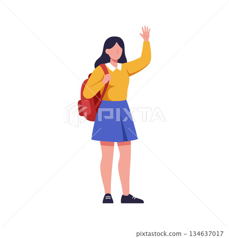 Female student waving hand with backpack in casual outfit vector illustration Female student waving hand with backpack in casual outfit vector illustration 134637017