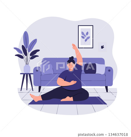 Woman Stretching Indoors on Purple Yoga Mat in Living Room with Plant and Couch Woman Stretching Indoors on Purple Yoga Mat in Living Room with Plant and Couch 134637018