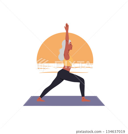 Woman practicing yoga warrior pose at sunrise with orange sun background vector illustration Woman practicing yoga warrior pose at sunrise with orange sun background vector illustration 134637019