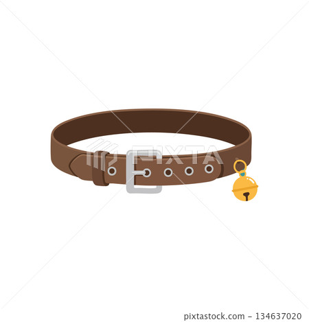 Brown leather pet collar with silver buckle and yellow bell vector illustration 134637020