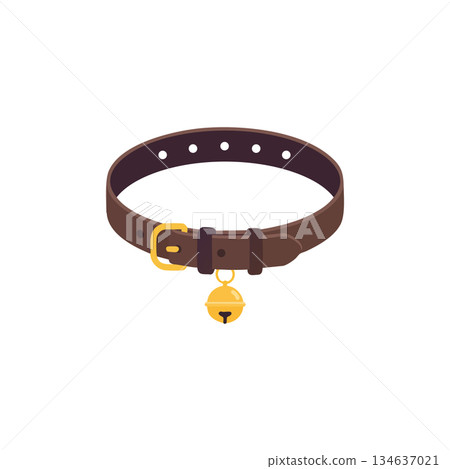 Brown leather pet collar with golden bell simple vector illustration design 134637021