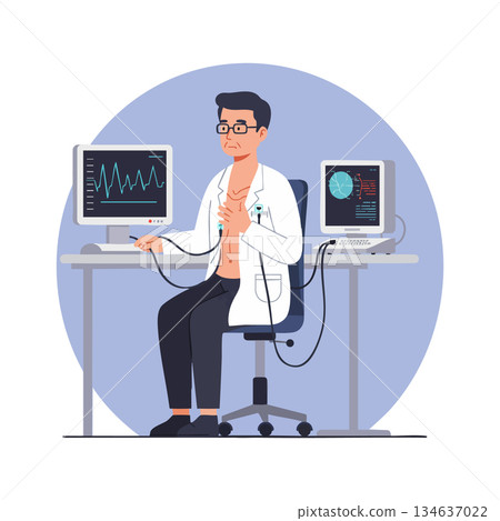 Male doctor conducting heart examination with medical monitors in clinic vector illustration 134637022