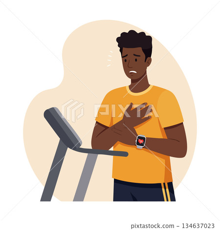 Young man experiencing chest pain during treadmill workout vector illustration 134637023