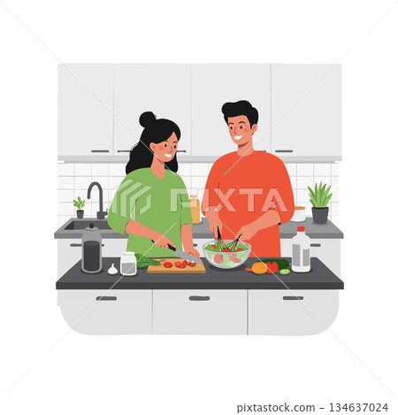 Couple cooking together in modern kitchen preparing fresh salad and vegetables vector illustration Couple cooking together in modern kitchen preparing fresh salad and vegetables vector illustration 134637024