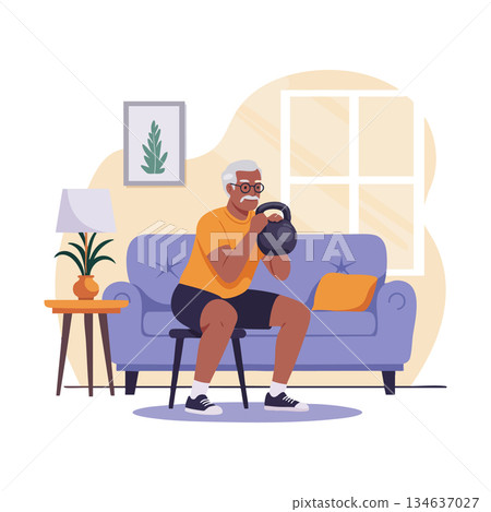 Elderly man exercising with kettlebell in living room fitness routine indoors 134637027