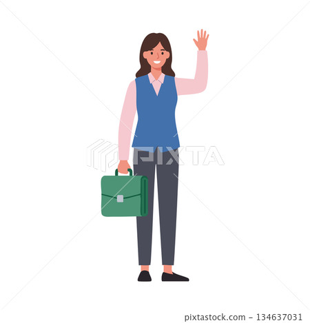 Businesswoman waving hand holding briefcase vector illustration in casual office attire Businesswoman waving hand holding briefcase vector illustration in casual office attire 134637031