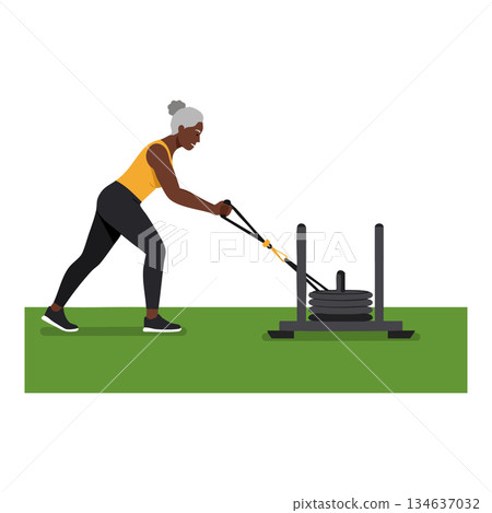 Woman pushing weighted sled for fitness training exercise on green field vector illustration 134637032